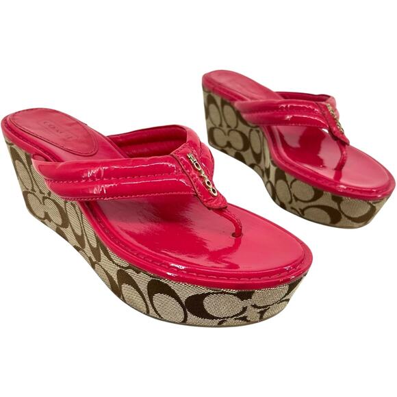 VTG y2k Women's Pink Khaki COACH Nella Signature Monogram Wedge Sandals 7.5M - Picture 1 of 8
